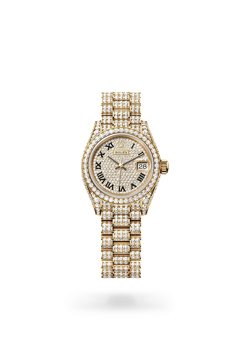 rolex Lady-Datejust in 18 ct yellow gold with case sides and lugs set with diamonds, M279458RBR-0001 - Boglietti Gioielliere